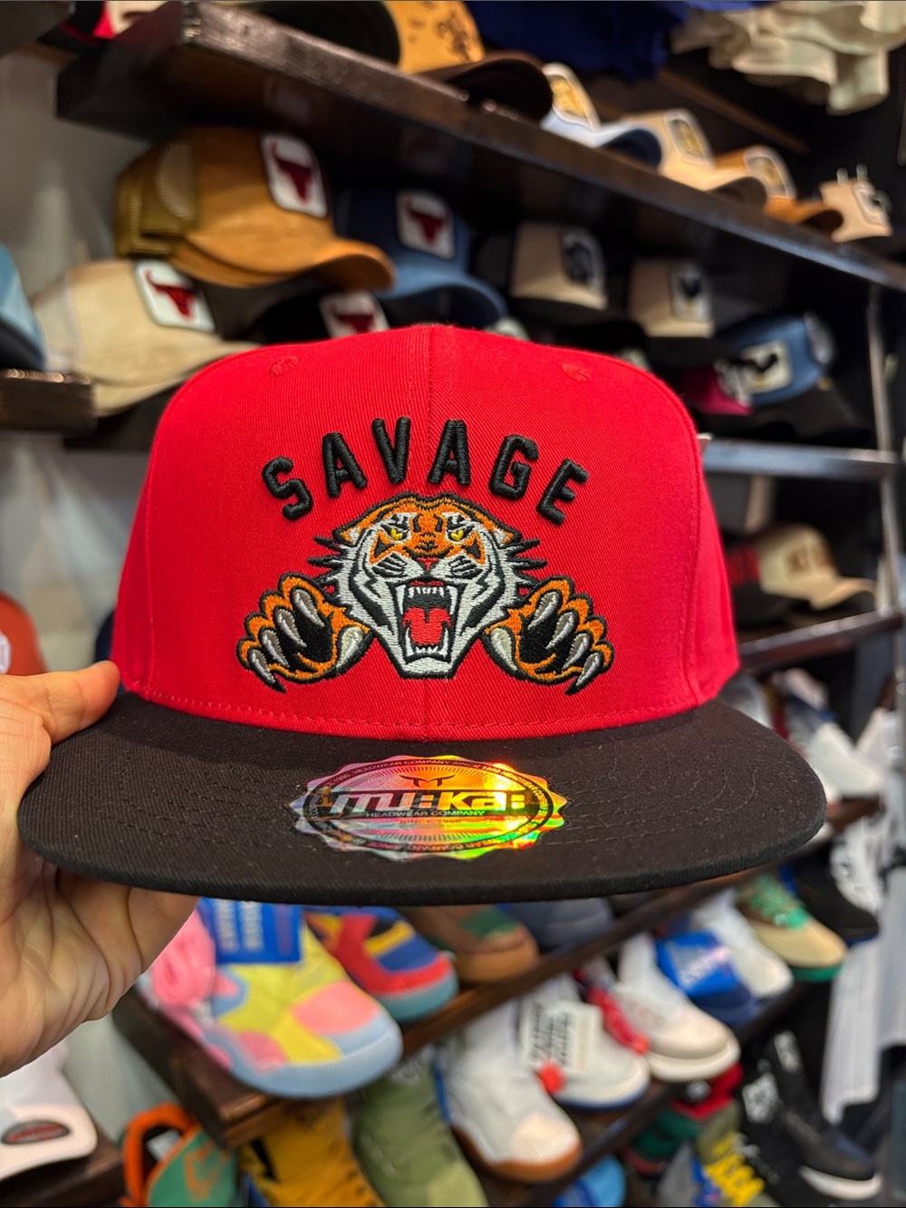 Savage Tiger Embroidered Snapback Hat - Red & Black